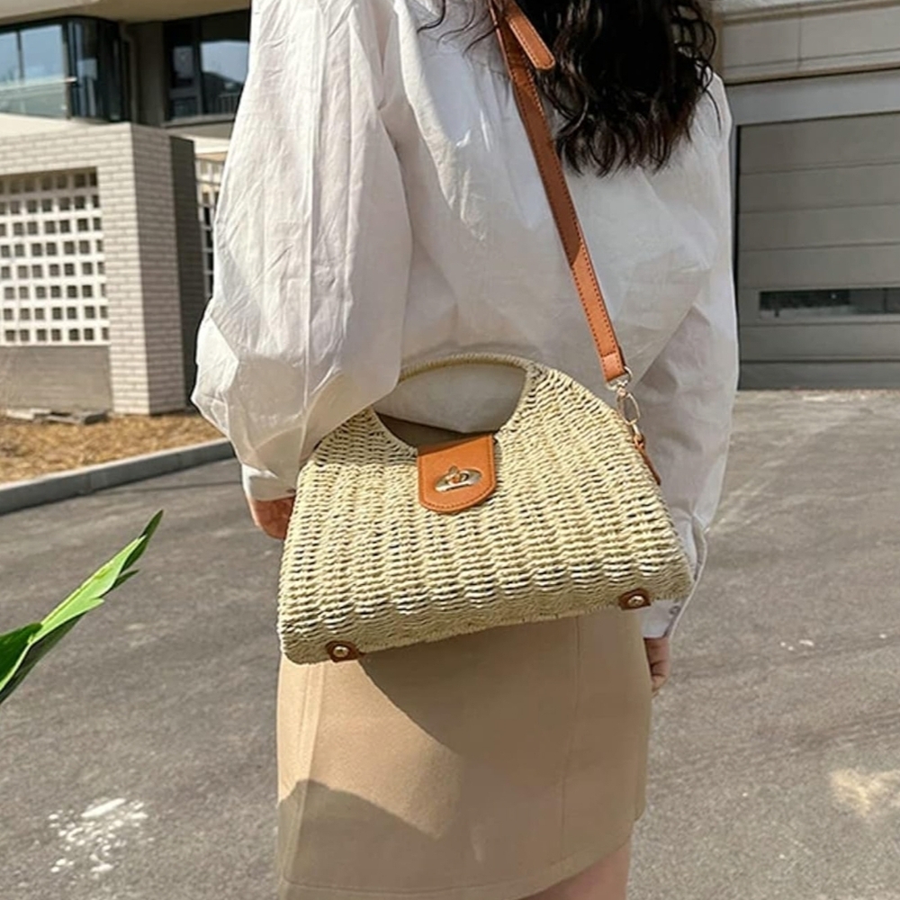 Straw Woven Handle Crossbody Bag with Tan Trim - Picture 2 of 7